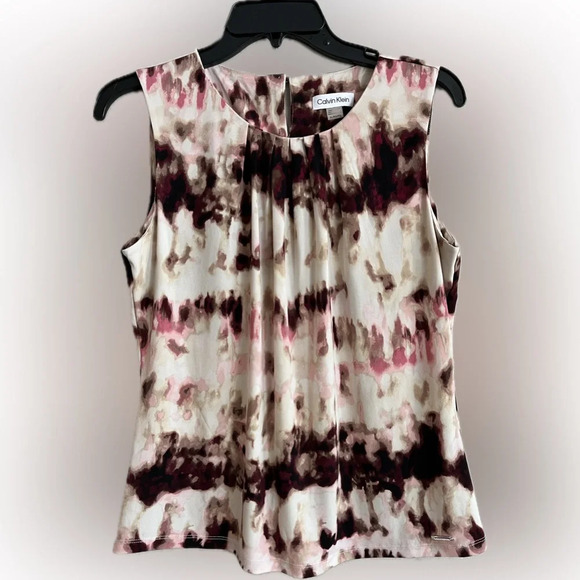 Calvin Klein Petite Printed Pleat-Neck Top in Sand Multi - Wear to Work, Size PL - Picture 3 of 10